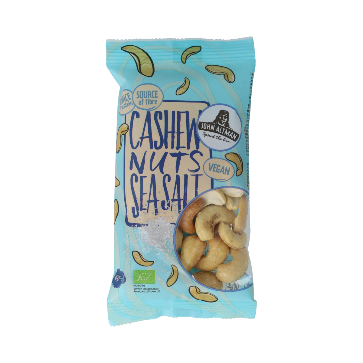 Organic John Altman cashew nuts with sea salt in a 45g snack pack, showing roasted cashews sprinkled with sea salt.