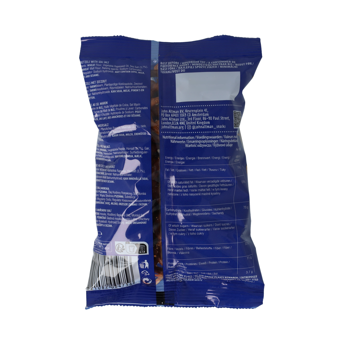 Salty John Altman pretzels in a 60g bag, ideal snack or treat, with visible salt crystals on the pretzels.