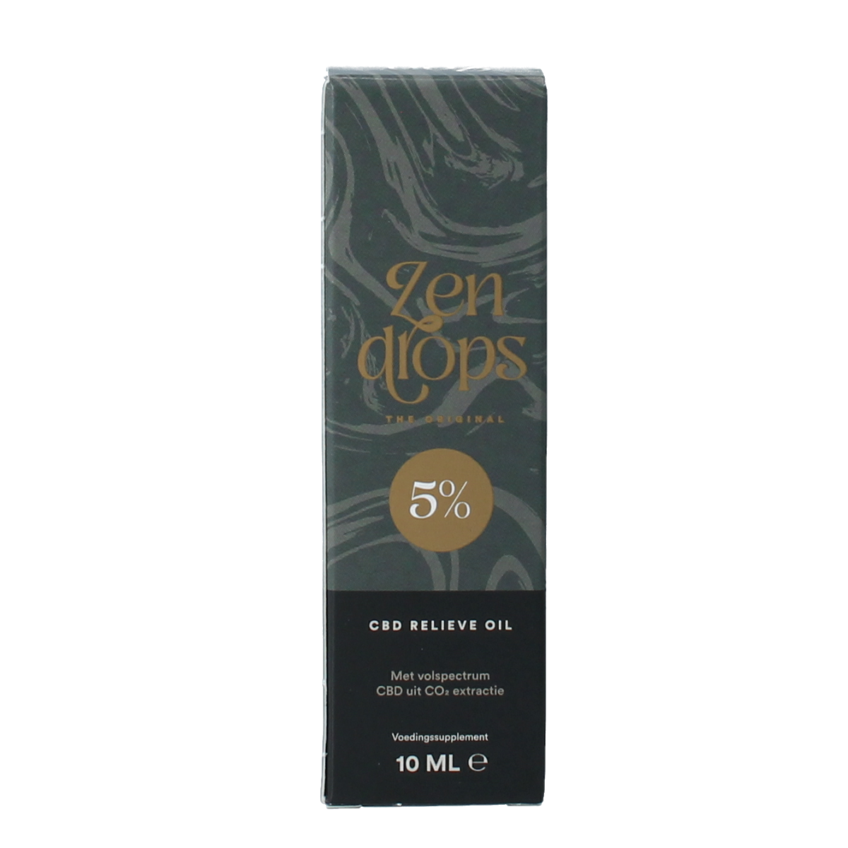 Bottle of Zendrops CBD olie 5% hennepzaadolie, 10ml herbal supplement with hemp seed oil for wellness and relaxation.