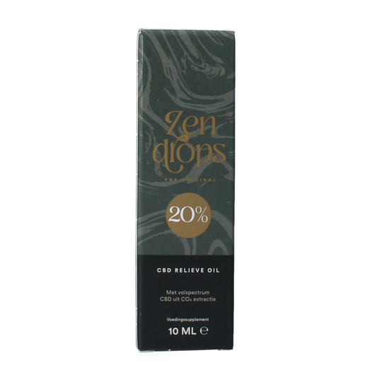 Zendrops CBD olie 20% met hennepzaadolie, 10 ml, kruidenpreparaat with dropper bottle and green hemp plant illustration.