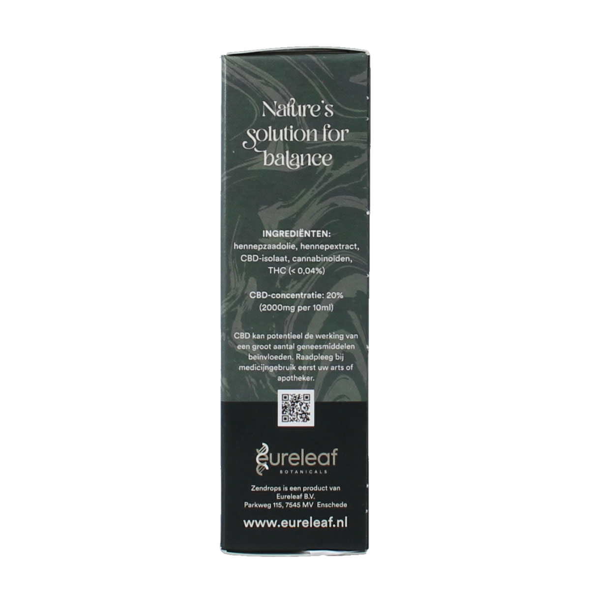 Zendrops CBD olie 20% hennepzaadolie in 10ml bottle, natural herbal supplement with hemp seed oil content.