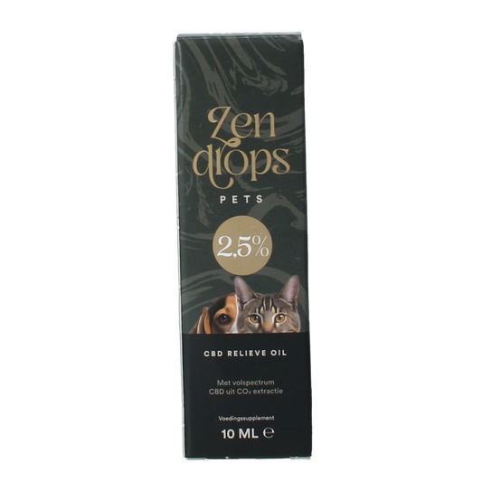 Zendrops CBD olie voor huisdieren, 2.5% hond en kat, 10 ml voedingssupplement met cannabidiol voor dieren.