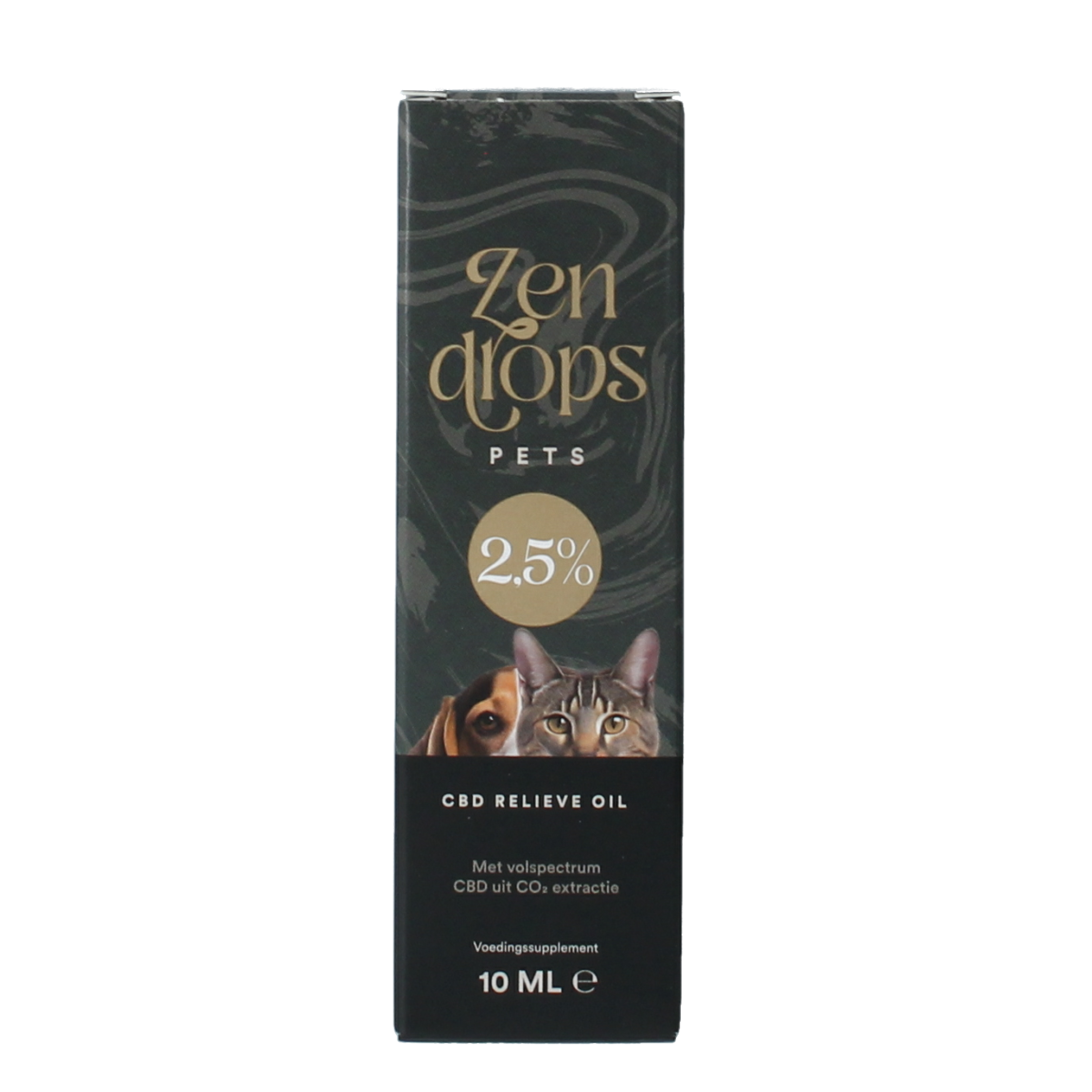 Zendrops CBD olie voor huisdieren, 2.5% voor honden en katten, 10 ml voedingssupplement in een fles met pipet.