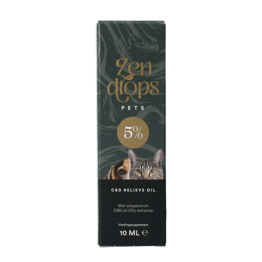Zendrops CBD olie huisdieren 5% voedingssupplement voor dieren in 10ml bottle, supports pet health and well-being.