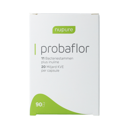 Nupure Probaflor probiotic capsules with micro-organismen for digestive health, shown in a bottle with capsules.