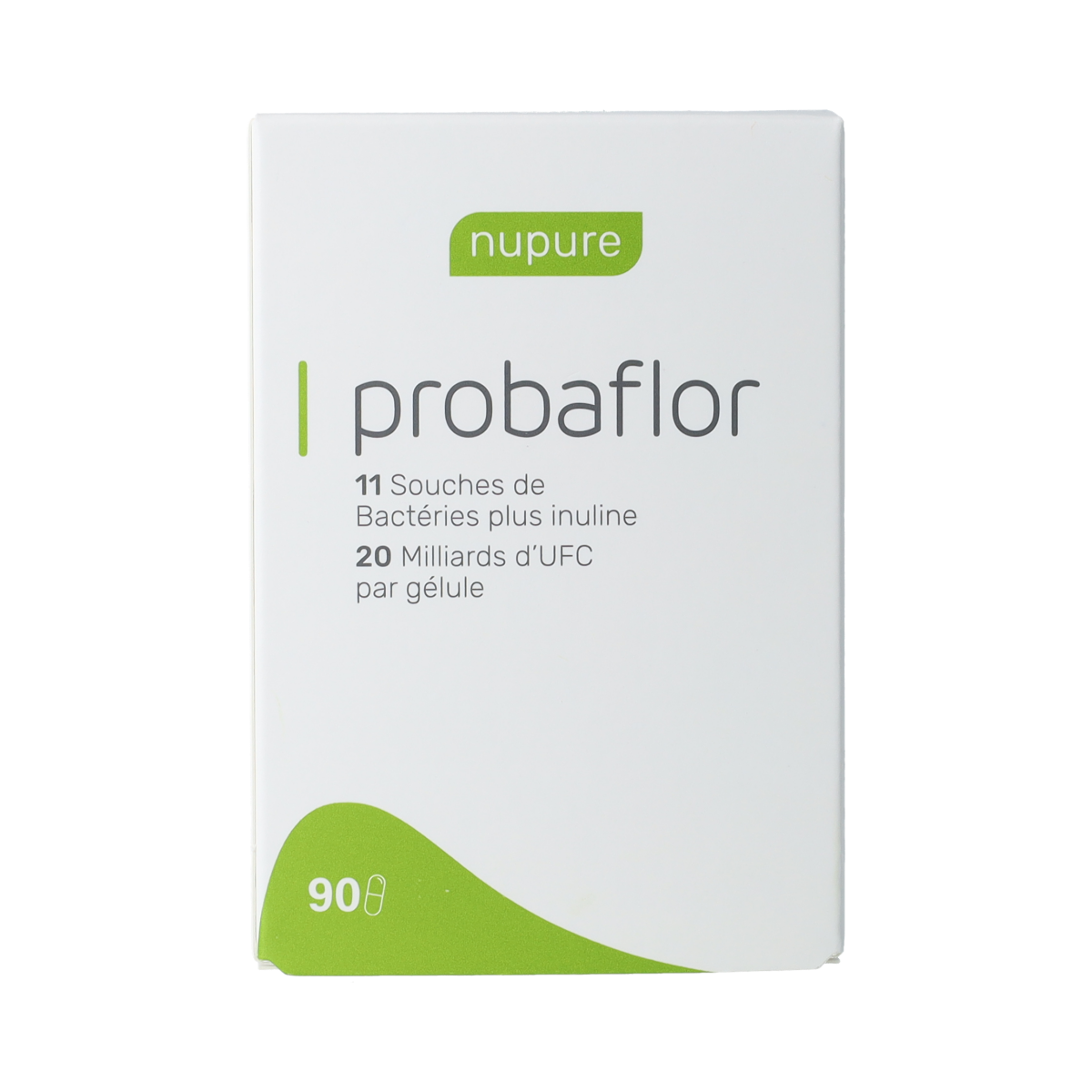 Nupure Probaflor 90 capsules containing micro-organisms for supporting gut health, shown in a close-up image.