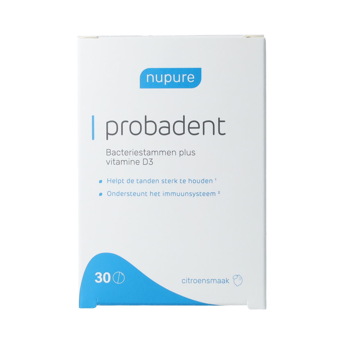 Nupure Probadent 30 probiotic tablets featuring micro-organisms for digestive health, in a clear container with tablets visible.
