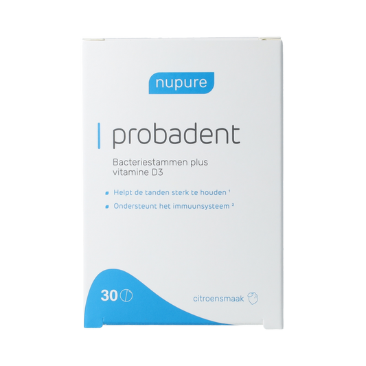 Nupure Probadent 30 probiotic tablets featuring micro-organisms for digestive health, in a clear container with tablets visible.