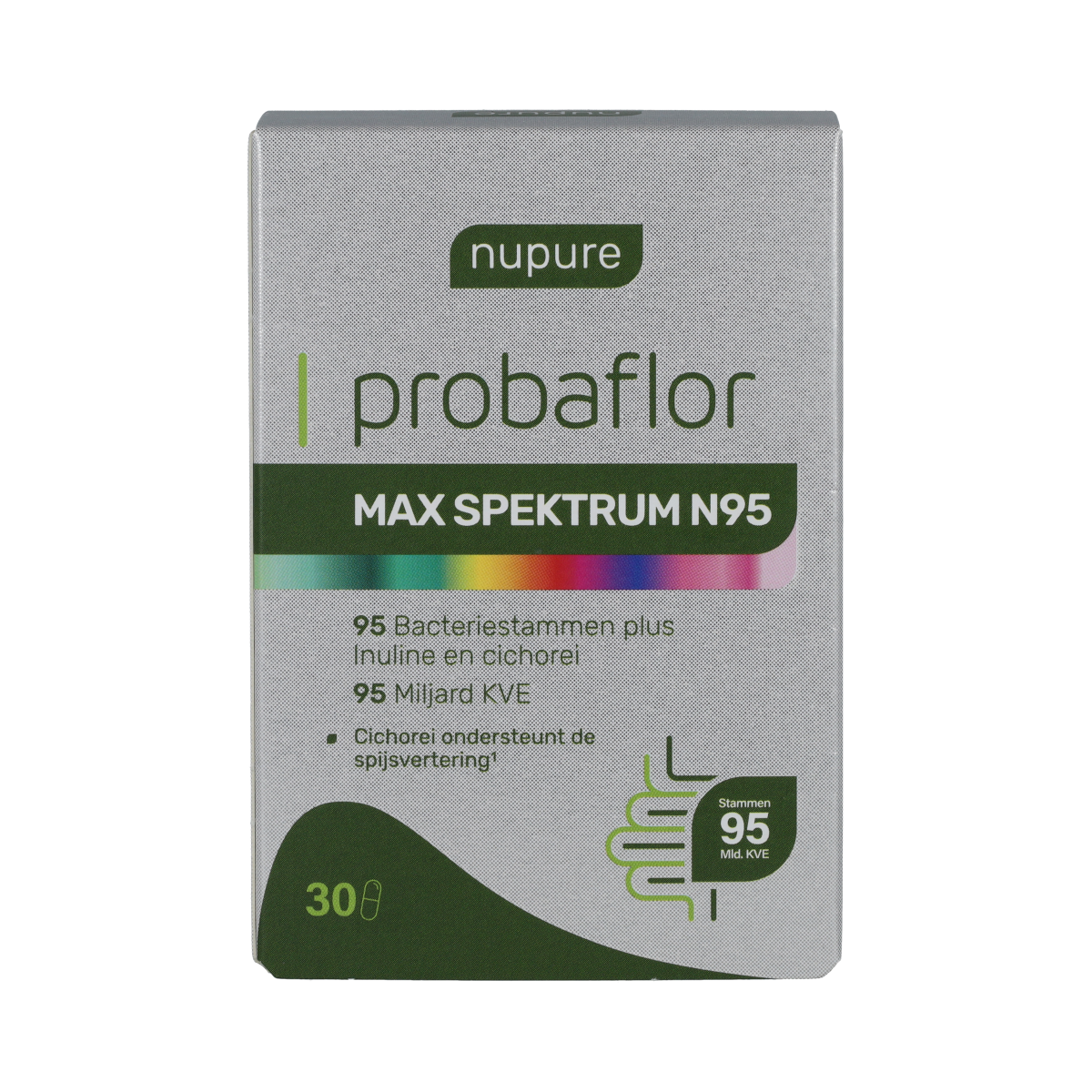 Nupure Probaflor Max Spektrum probiotic capsules with micro-organisms, 30-count, featuring natural supplement ingredients.