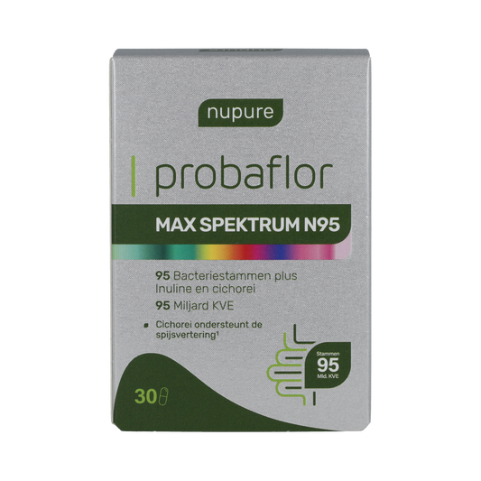 Nupure Probaflor Max Spektrum probiotic capsules with micro-organisms, 30-count, featuring natural supplement ingredients.