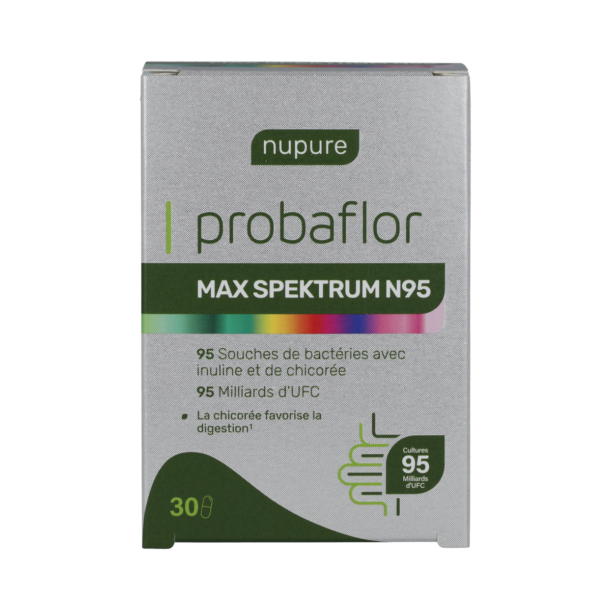 Nupure Probaflor Max Spektrum probiotic capsules in a blister pack, containing micro-organisms for digestive health.