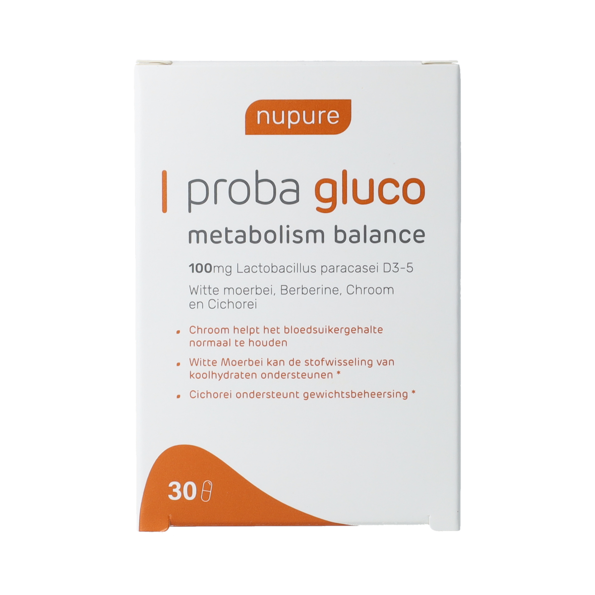 Nupure Proba Gluco herbal supplement capsules in a bottle, part of Nupure's kruidentherapie product line.