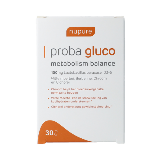 Nupure Proba Gluco herbal supplement capsules in a bottle, part of Nupure's kruidentherapie product line.