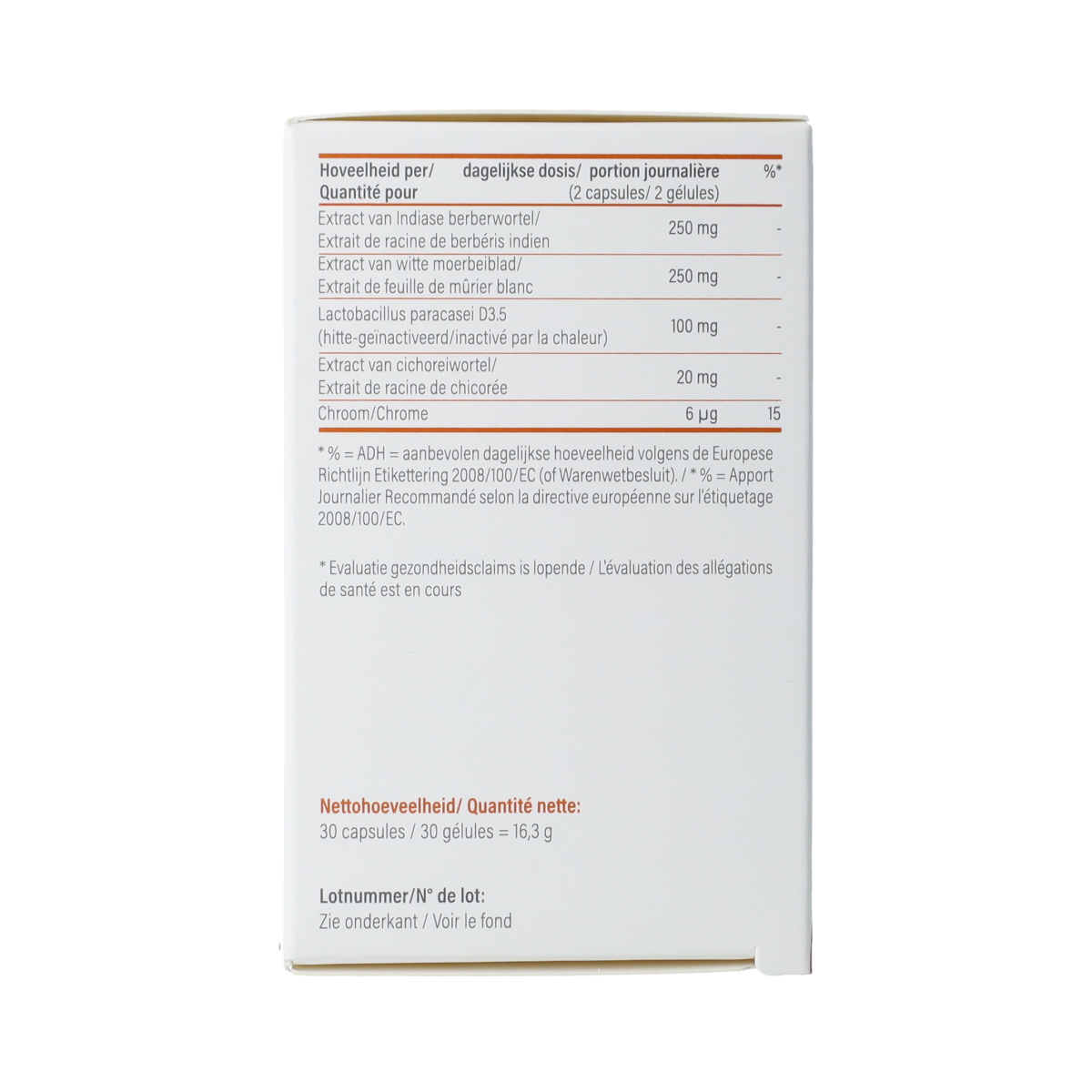 Nupure Proba Gluco Kruidenpreparaten capsules in a bottle, dietary supplement for blood sugar support, branded Nupure product.