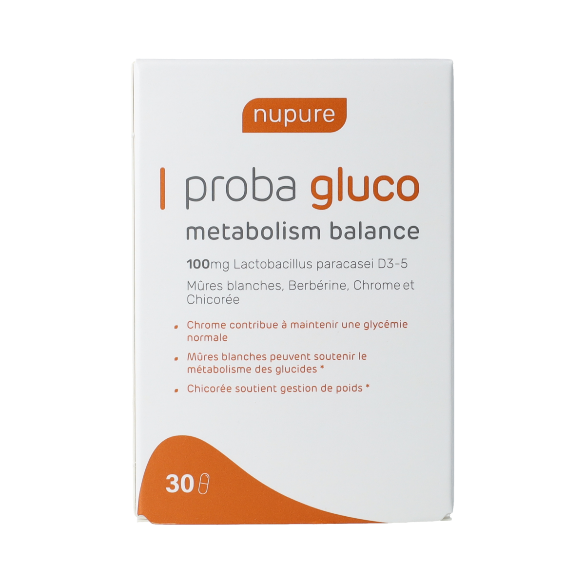 Nupure Proba Gluco herbal supplement capsules in a bottle, natural plant-based kruidpreparaten for blood sugar support.