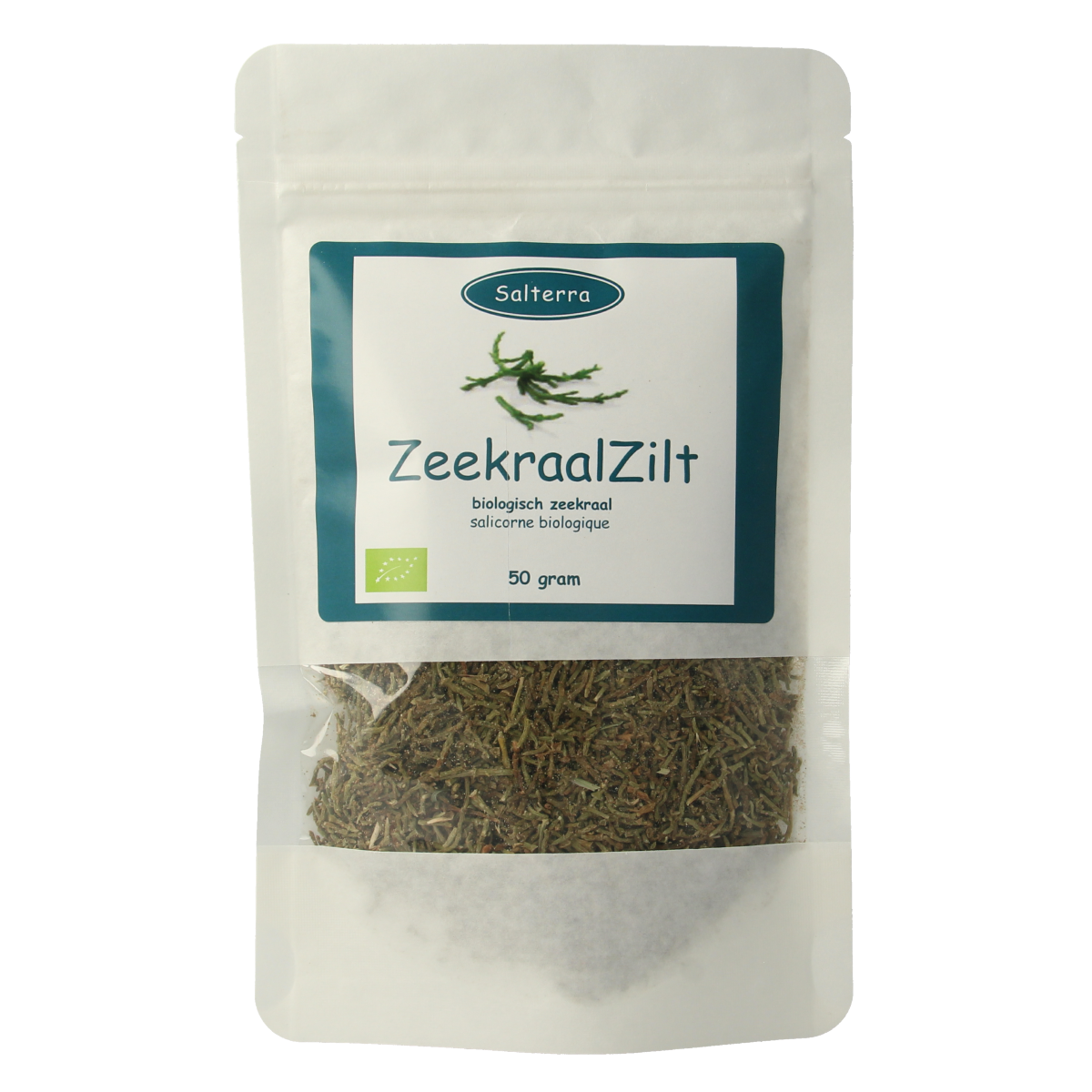 Salterra Zeekraalzilt grof bio salt refill in 50g package, natural sea salt for culinary use, from Salterra kruiden, zouten en maaltijdmixen