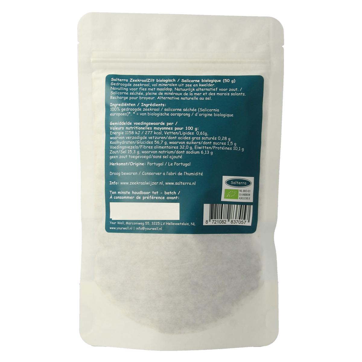 Salterra Zeekraalzilt grof navulling bio, 50g, organic sea salt crystals in a resealable bag, for cooking and seasoning.