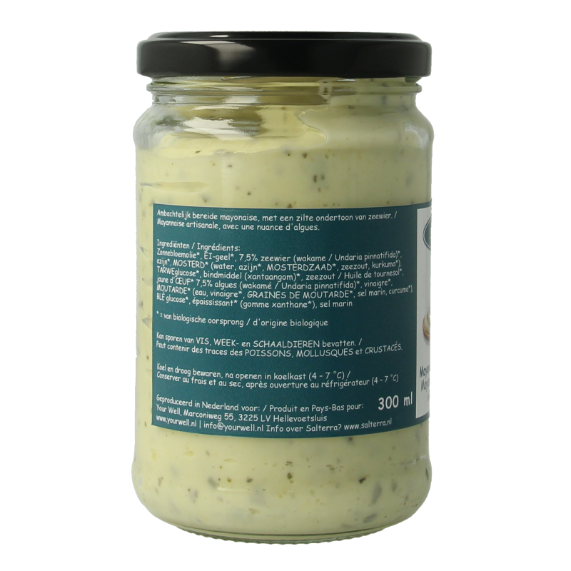 Salterra bio wakame mayonnaise in 300ml jar, a creamy Japanese-inspired sauce with seaweed flavor, ideal for salads and sandwiches.