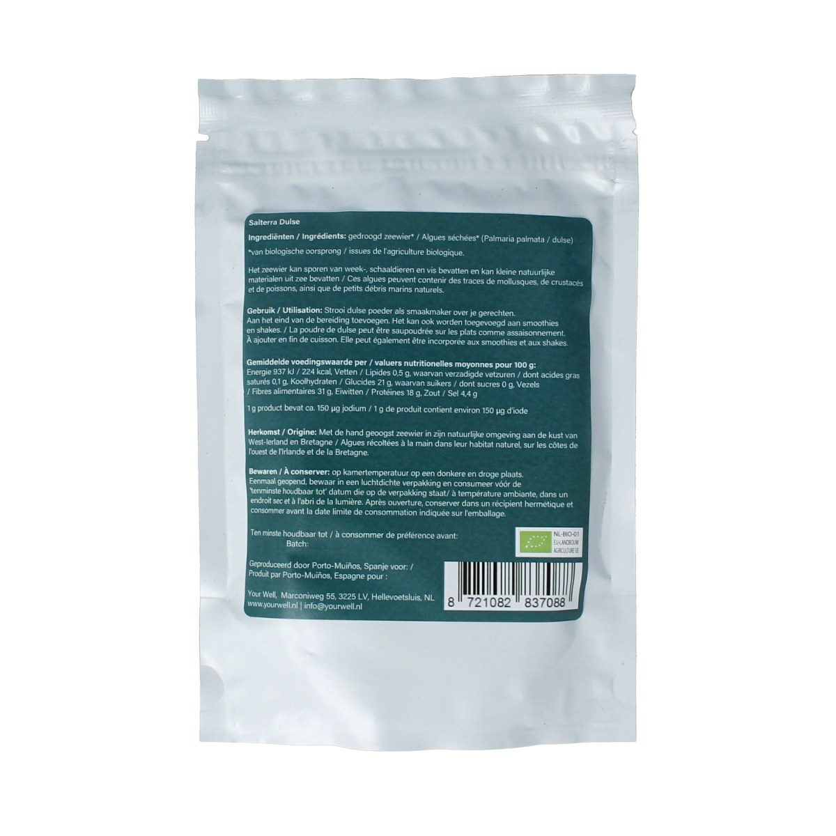 Organic Salterra Dulse powder in a 150g package, seaweed supplement for cooking and health benefits.