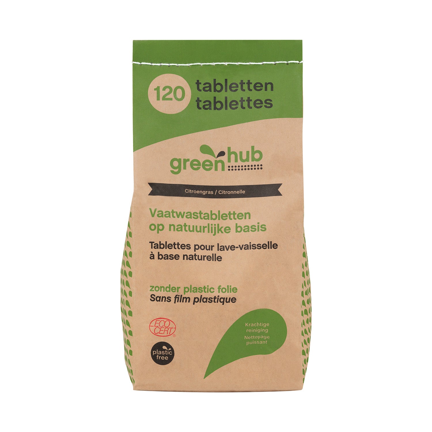 Greenhub plastic-free dishwashing tablets in a box, eco-friendly afwasmiddelen with 120 tablets, biodegradable cleaning product.