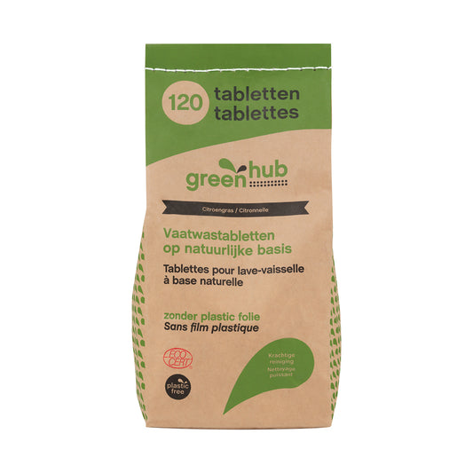 Greenhub plastic-free dishwashing tablets in a box, eco-friendly afwasmiddelen with 120 tablets, biodegradable cleaning product.