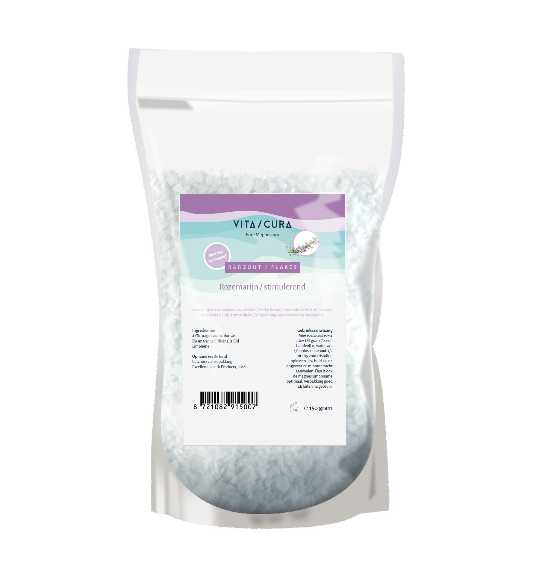Vitacura Magnesium zout flakes with rozemarijn for bath and shower, 150 grams, natural mineral bath product.