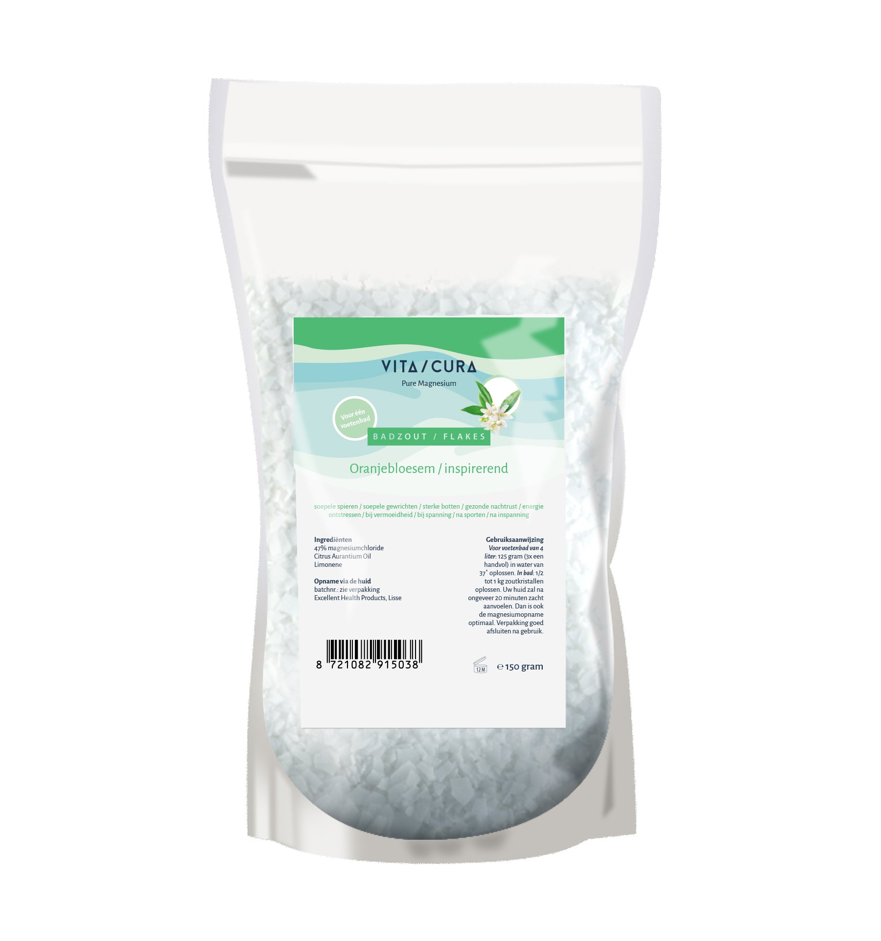 Vitacura Magnesium zout flakes with oranjebloesem for bath and shower, 150 grams, natural mineral bath product