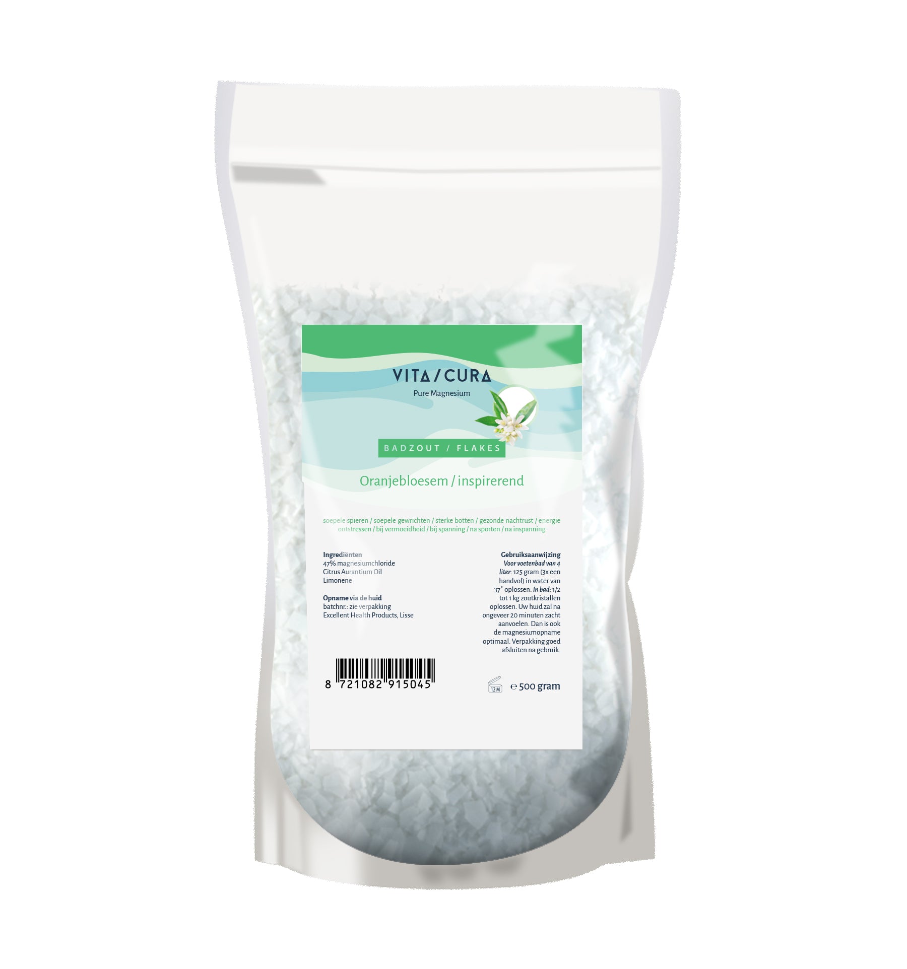 Vitacura Magnesium zout flakes with oranjebloesem for bath and shower, 500g, natural mineral salt product in a clear container