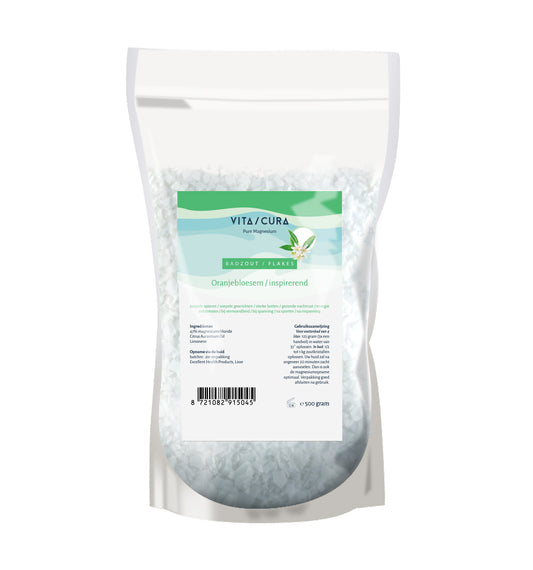 Vitacura Magnesium zout flakes with oranjebloesem for bath and shower, 500g, natural mineral salt product in a clear container
