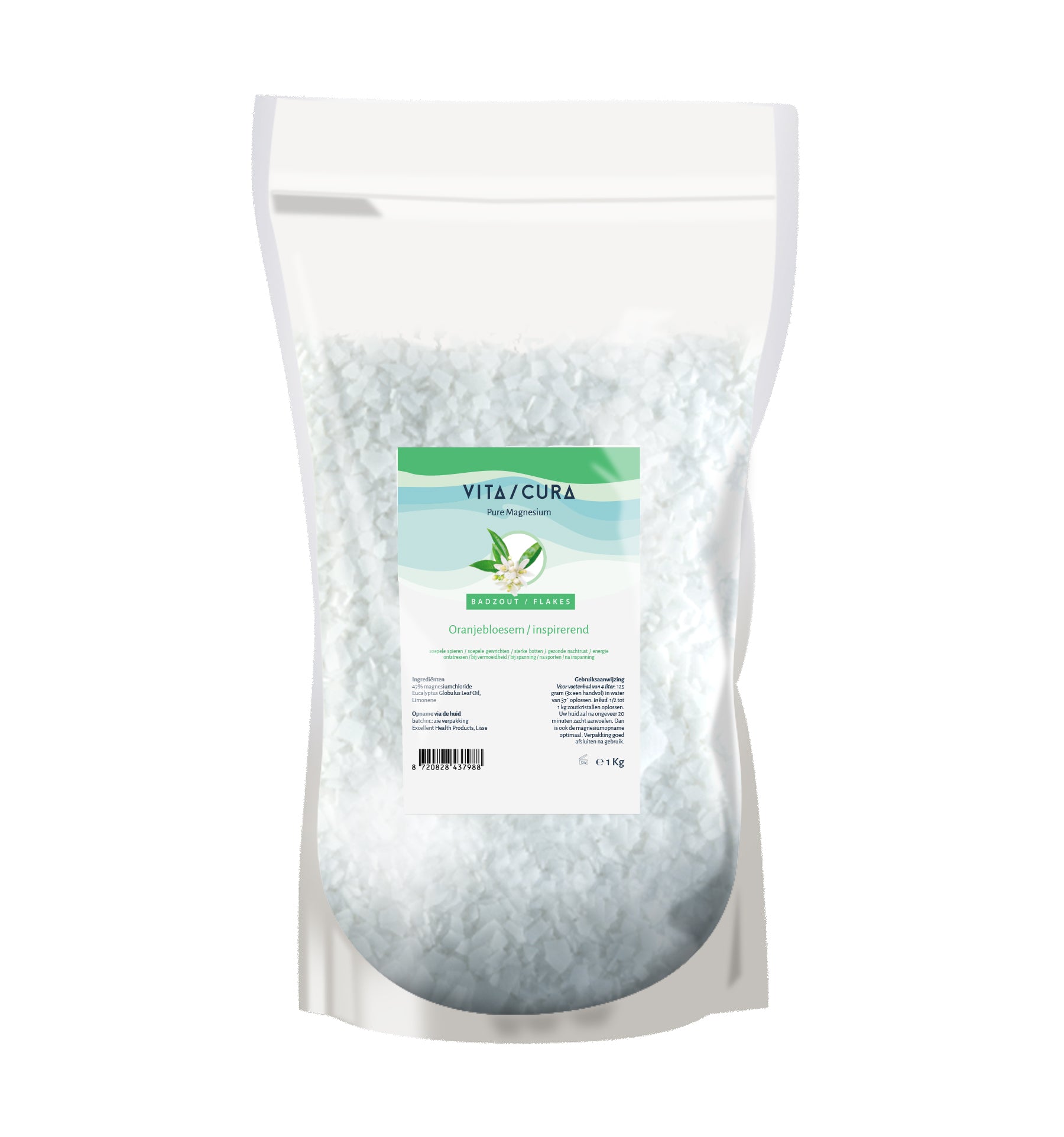 Vitacura Magnesium zout flakes with oranjebloesem for bath and shower, 1 kilogram, natural mineral salt product.