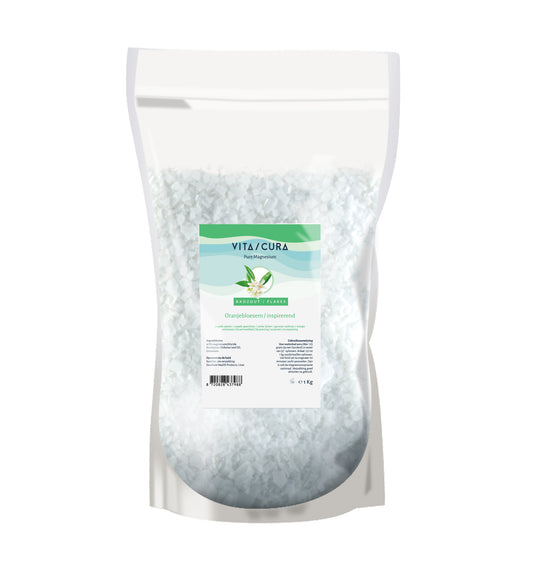 Vitacura Magnesium zout flakes with oranjebloesem for bath and shower, 1 kilogram, natural mineral salt product.