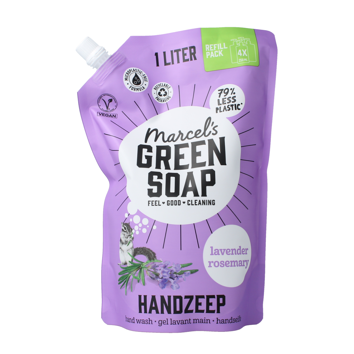Marcel's Green Soap lavender and rosemary hand soap refill in a 1-liter container, natural and eco-friendly skincare product