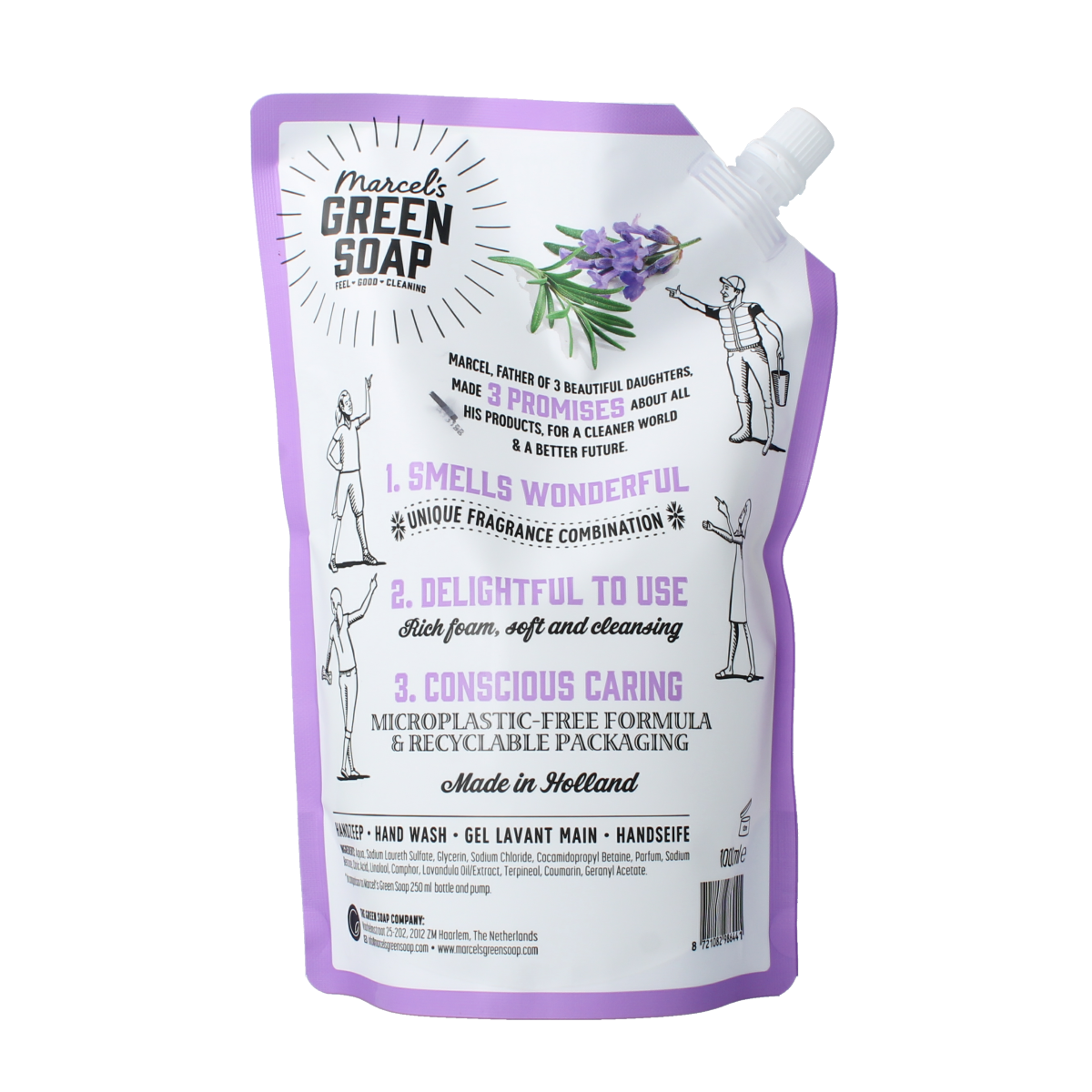 Marcel's Green Soap lavendel en rozemarijn handzeep navulling 1 liter in een groene verpakkingsfles