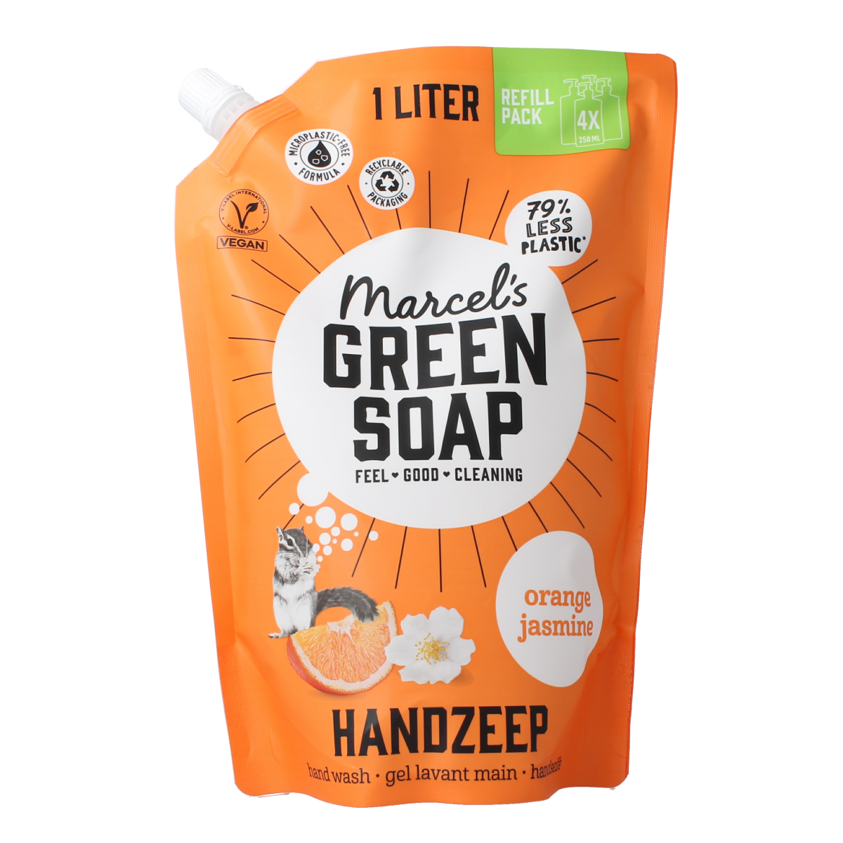 Marcel's Green Soap orange and jasmine hand soap refill bottle, 1000ml, natural skincare product with citrus and floral scent