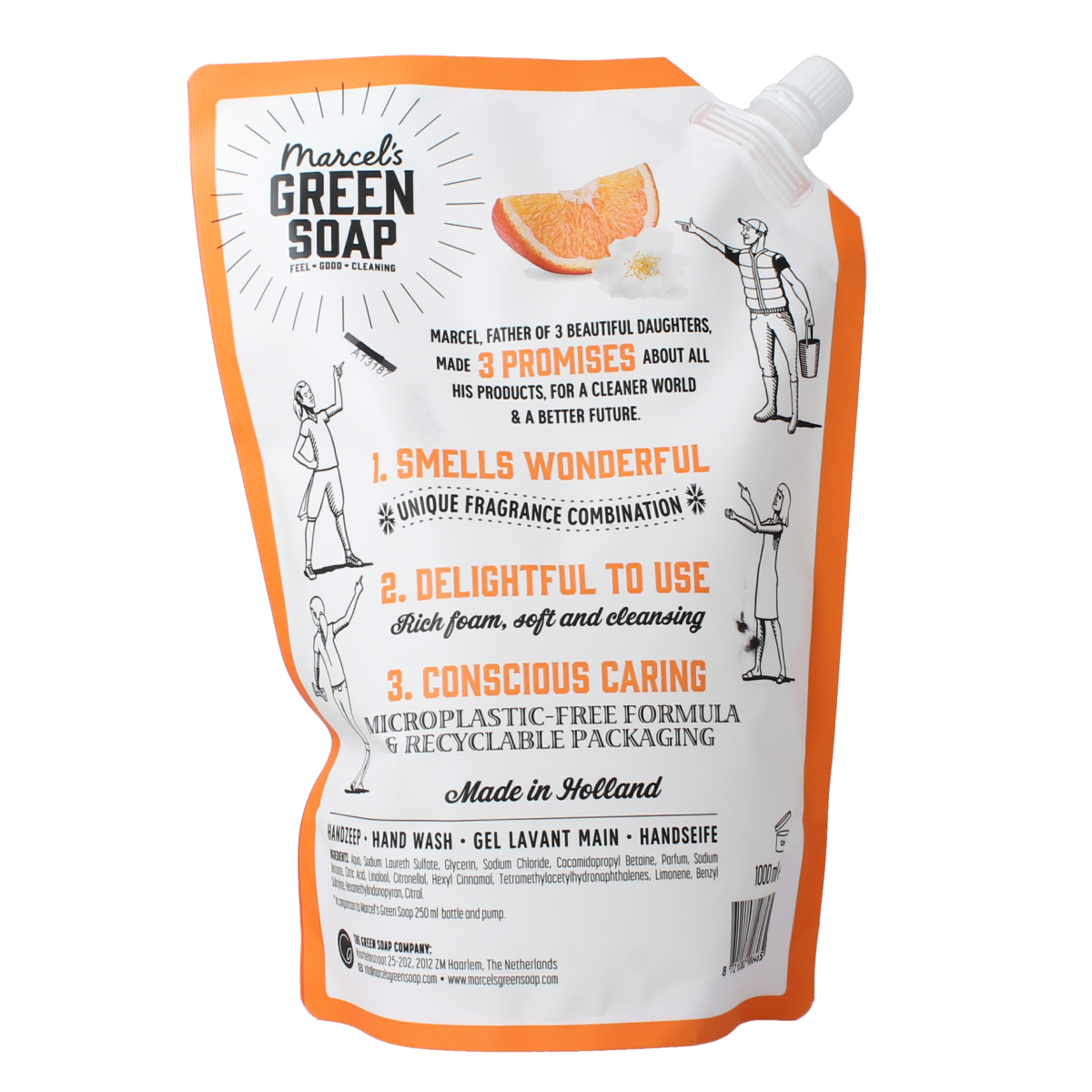 Marcel's Green Soap hand soap refill with orange and jasmine scent, 1000ml bottle showing the soap packaging.
