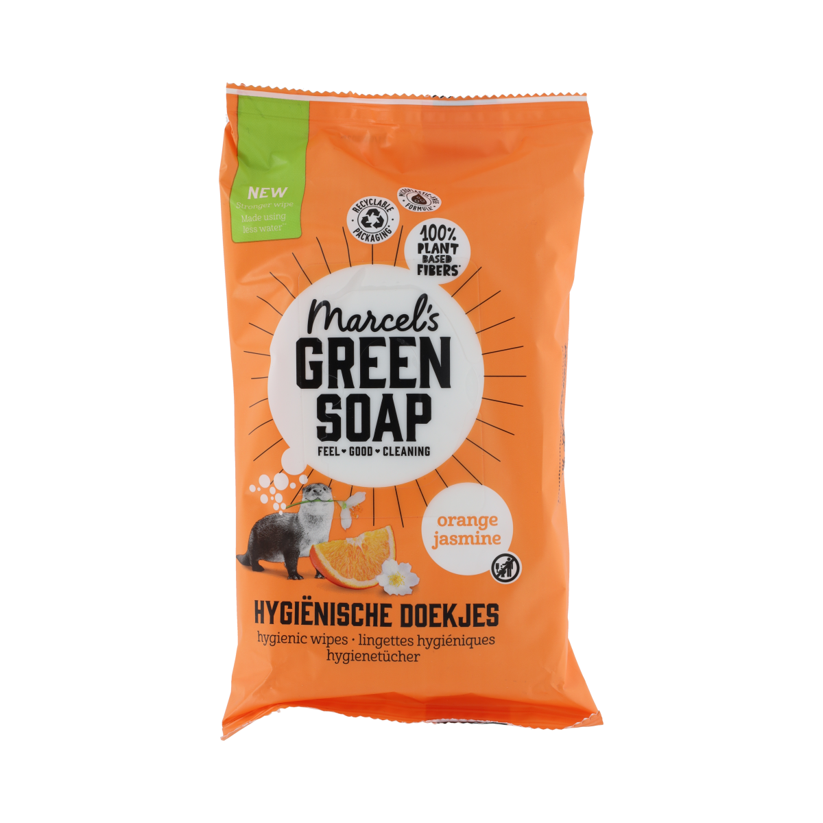 Marcel's Green Soap hygienic cleaning cloths in orange and jasmine, 60-pack, ideal for household cleaning tasks.