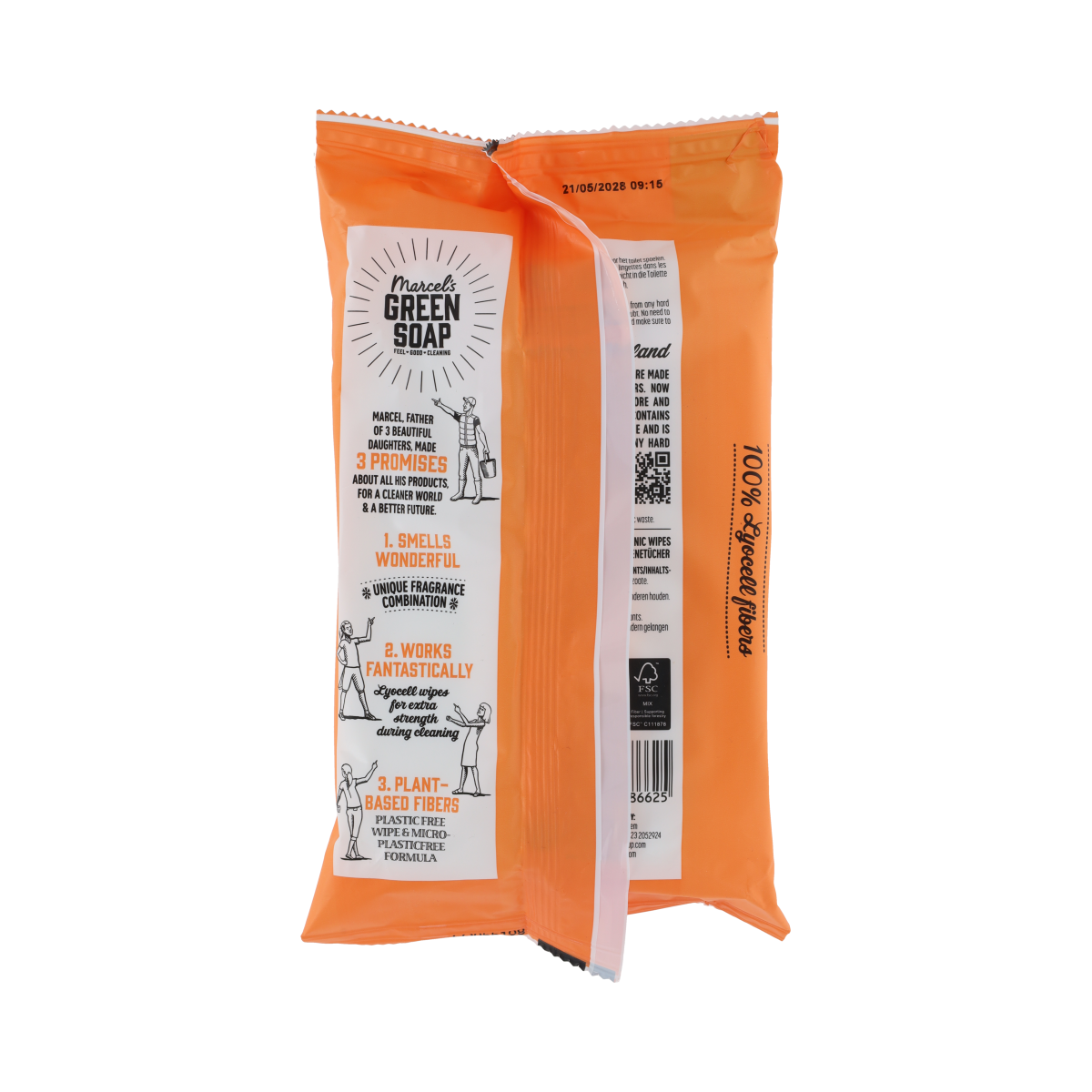 Marcel's Green Soap hygienic cleaning cloths in orange and jasmine, 60-piece pack, for household cleaning.