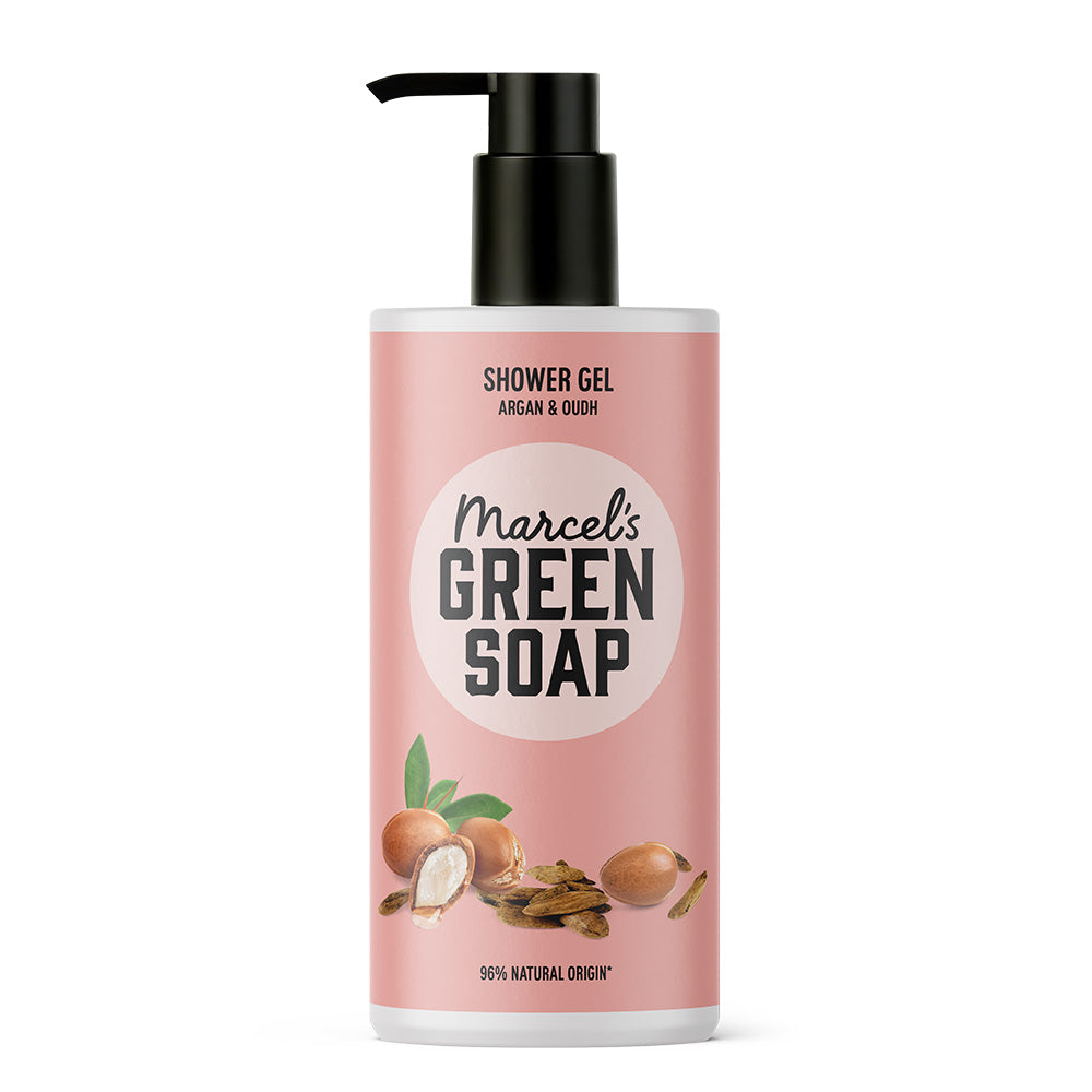 Marcel's Green Soap Argan & Oudh shower gel in a 300ml bottle, natural bad en douche product with green and brown packaging.