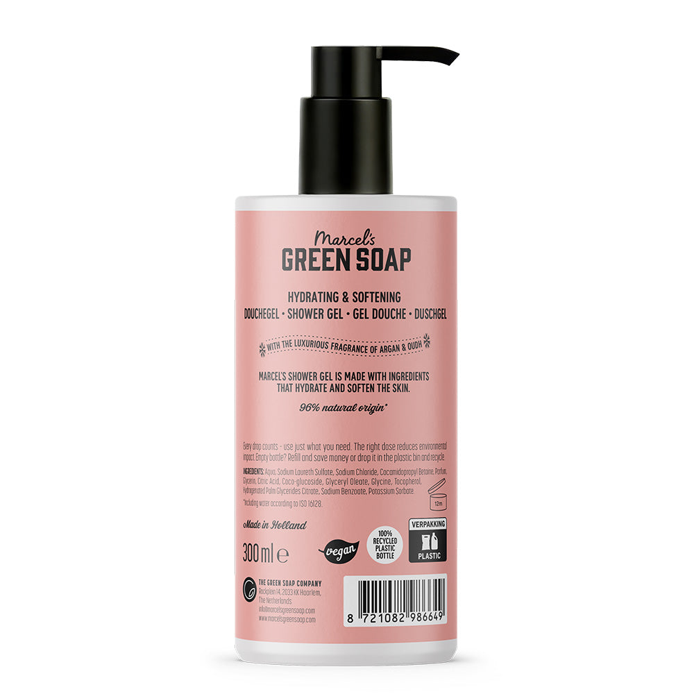 Marcel's Green Soap Argan & Oudh shower gel in 300ml bottle, moisturizing bad en douche product with natural ingredients.