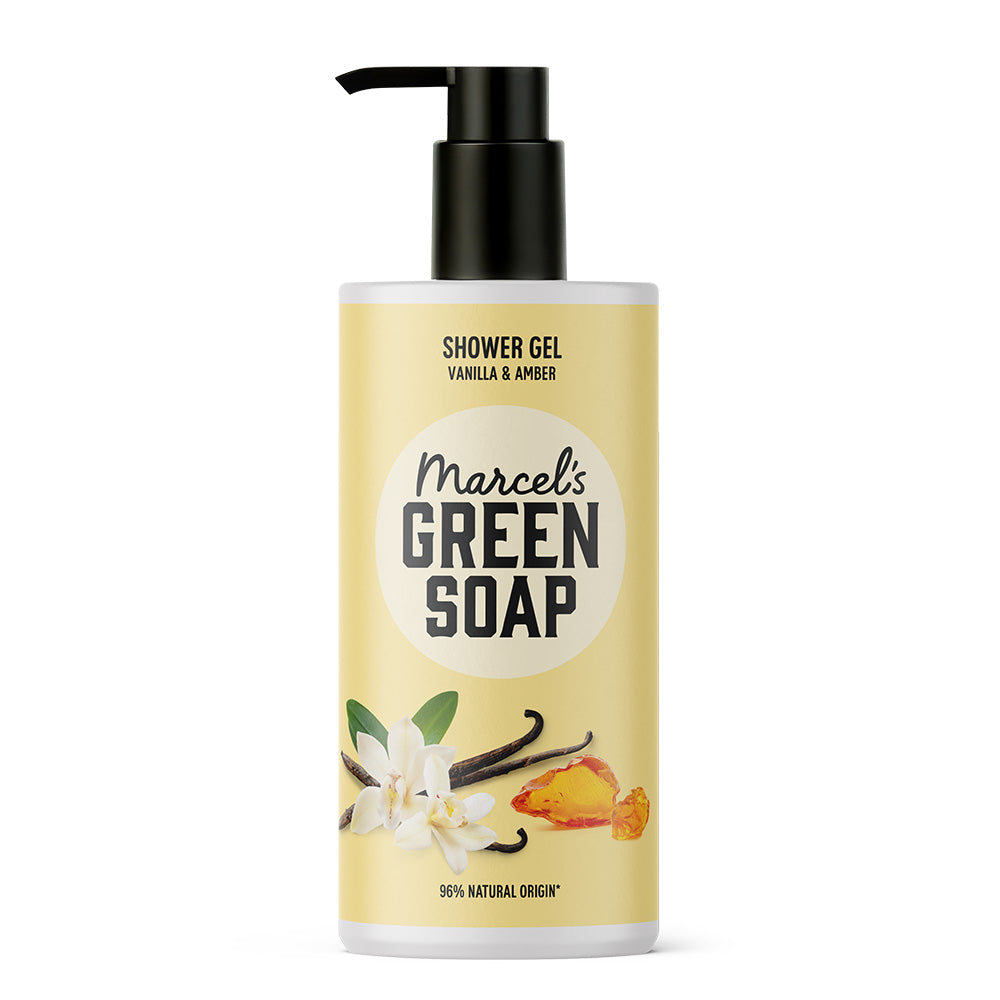 Marcel's Green Soap Vanilla & Amber shower gel in 300ml bottle, showcasing the product label and packaging.