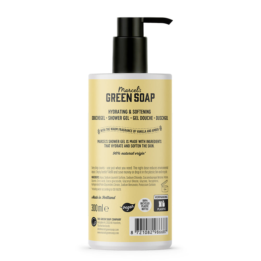 Marcel's Green Soap vanilla and amber shower gel in 300ml bottle, liquid soap for bathing and shower.