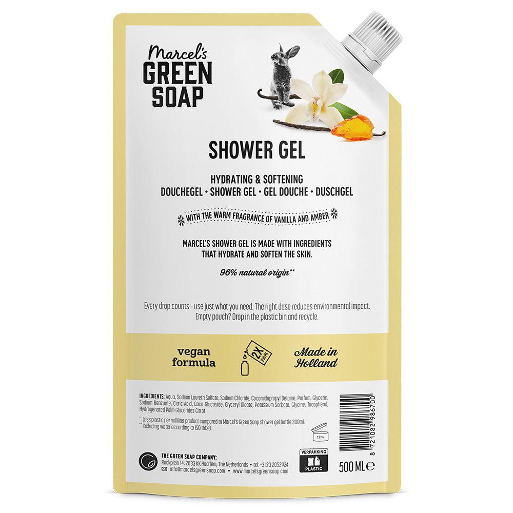 Marcel's Green Soap vanilla and amber shower gel refill bottle, 500ml, for bad en douche use, with a green and white label.