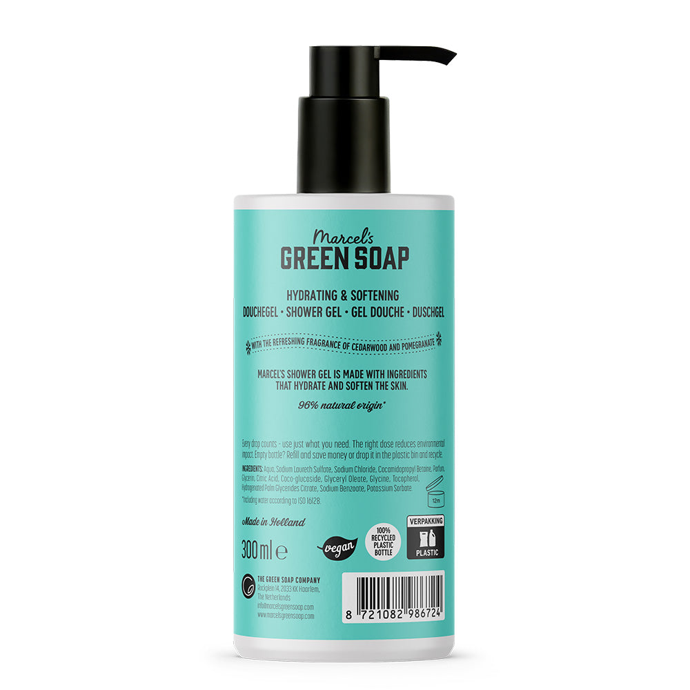Marcel's Green Soap cedar and pomegranate shower gel in a 300ml bottle, designed for a refreshing bad en douche experience.