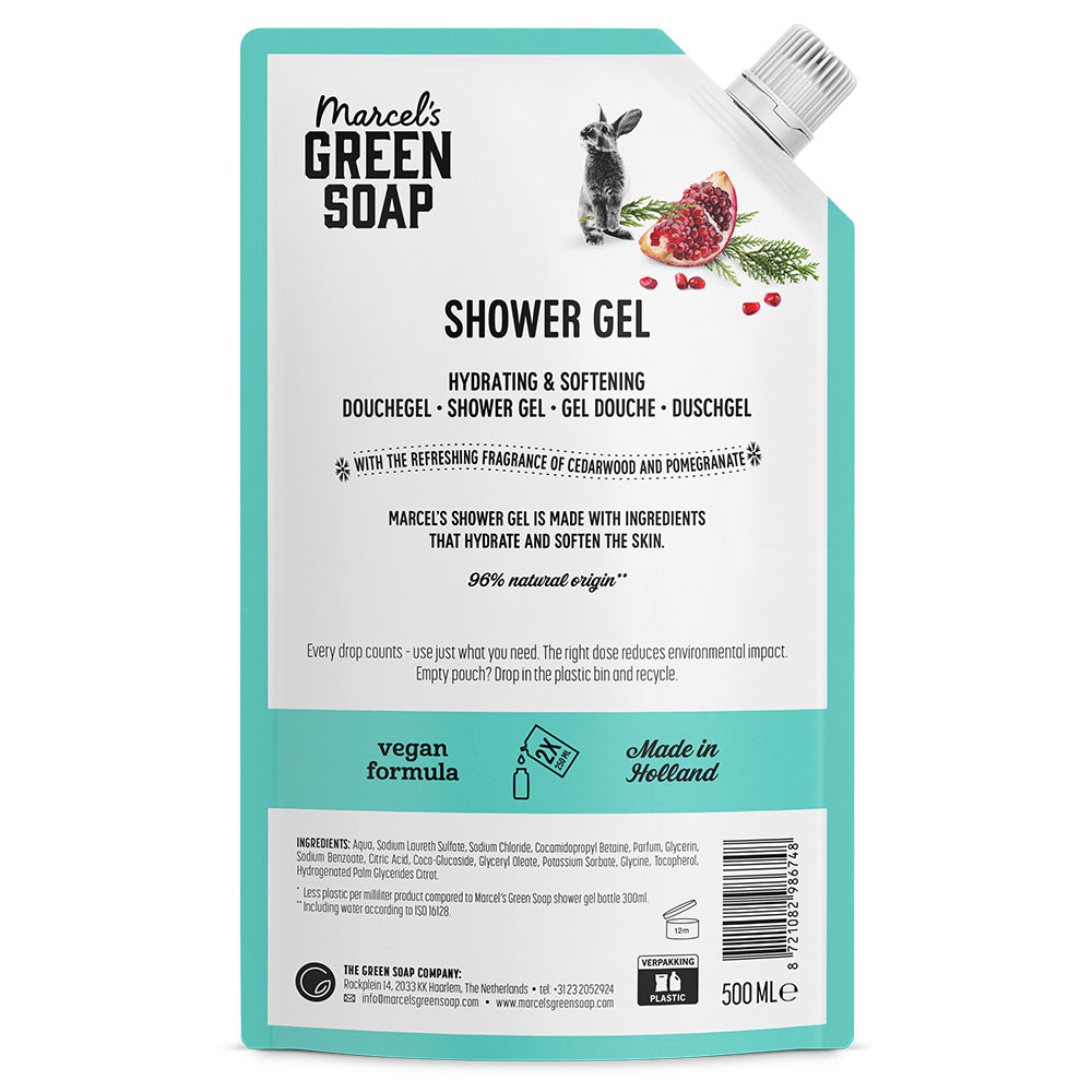 Marcel's Green Soap Cedar & Pomegranate shower gel bottle, 500ml, for bad en douche, with green and pomegranate label.