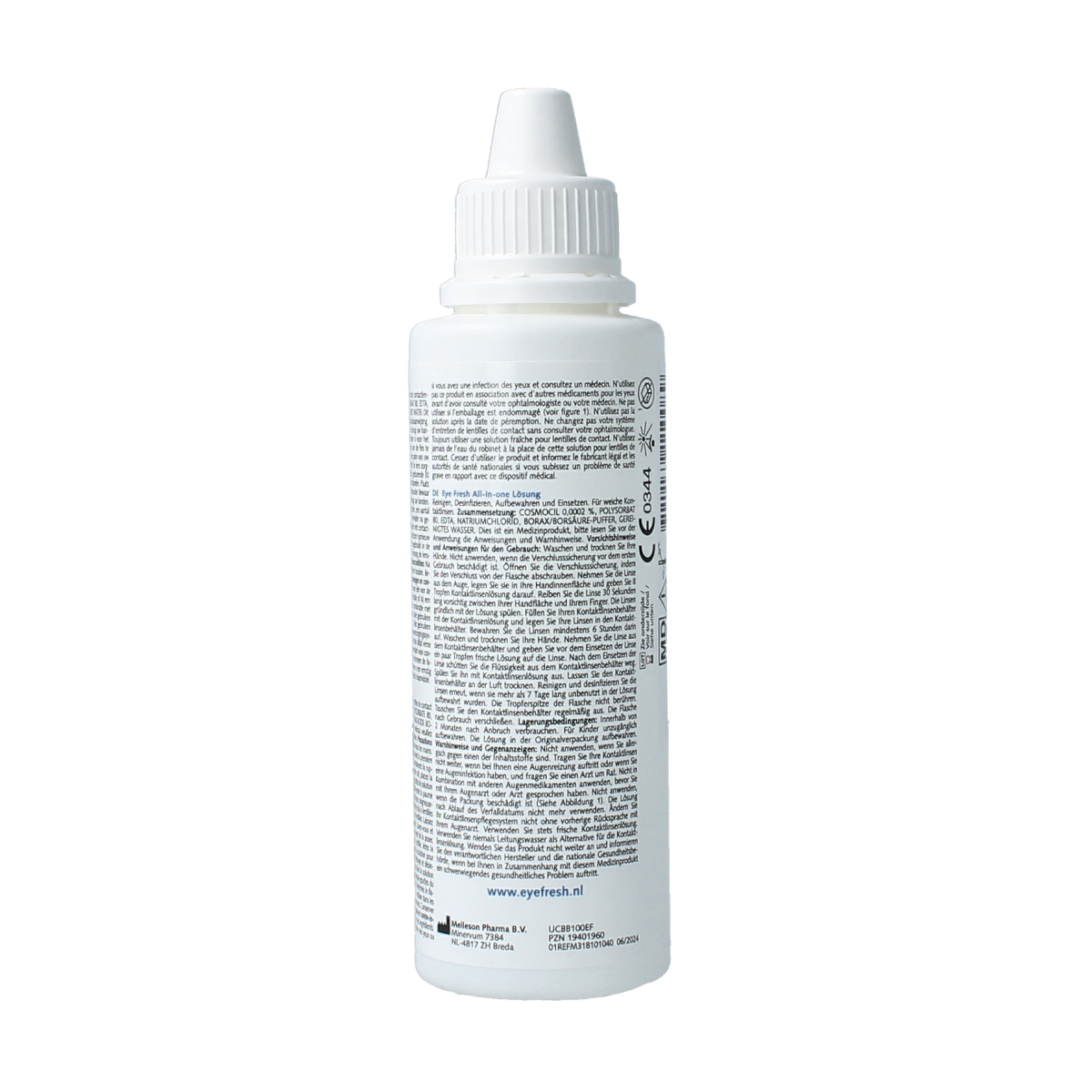 Eyefresh Alles in een lenzenvloeistof voor zachte contactlenzen, 100 ml, optiek product, heldere vloeistof in fles.