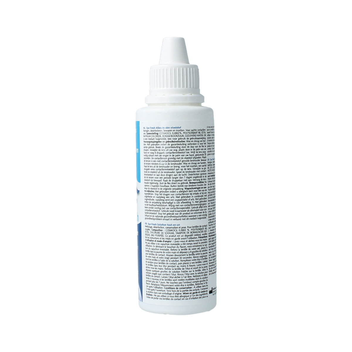 Eyefresh Alles in een lenzenvloeistof voor zachte contactlenzen, 100 ml, optiek product with a clear bottle and label.