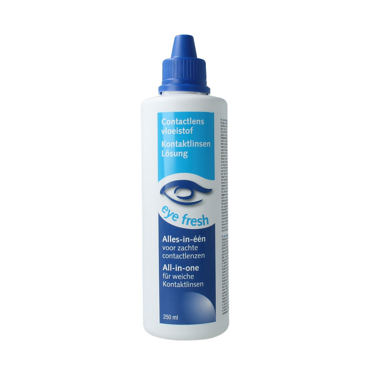 Eyefresh all-in-one contact lens solution for soft lenses, 250ml bottle, optiek brand, clear liquid suitable for daily use.