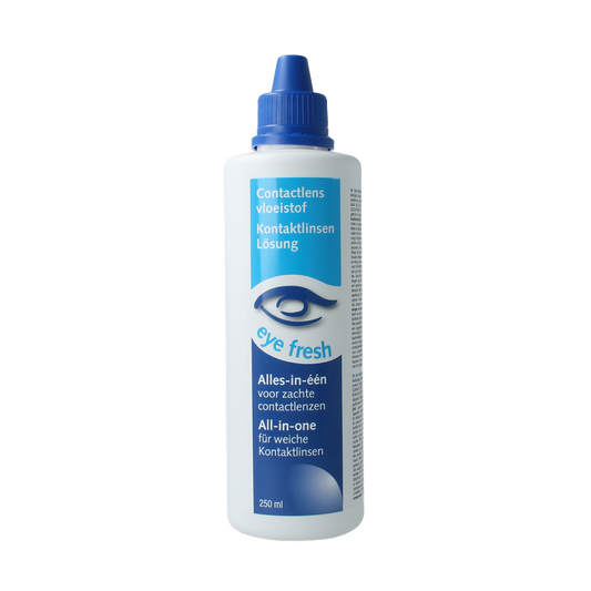 Eyefresh all-in-one contact lens solution for soft lenses, 250ml bottle, optiek brand, clear liquid suitable for daily use.