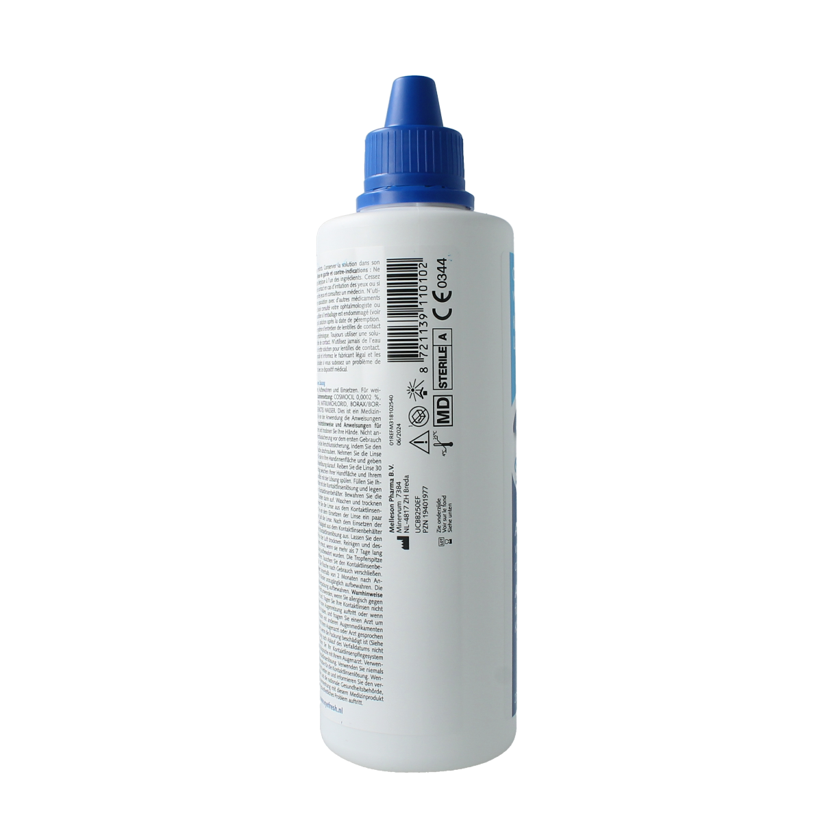 Eyefresh Alles in een lenzenvloeistof for soft contact lenses, 250 ml bottle, optiek brand, clear liquid in a transparent bottle.