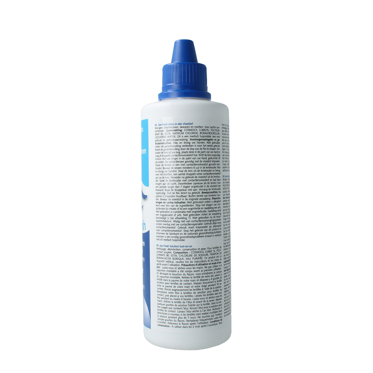 Eyefresh Alles in een lenzenvloeistof for soft contact lenses, 250ml bottle, clear liquid in a transparent container.